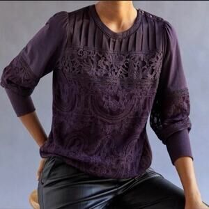 Anthropologie Tiny Women’s XS Purple Lace Pleated Yoke Long Sleeve Boho Blouse